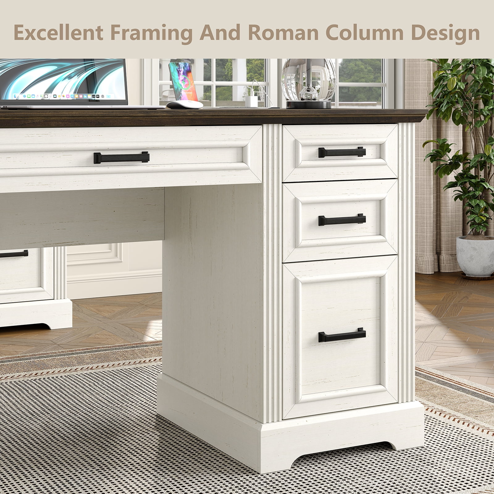 Furnihold 58"W Executive Desk with Outlet and 5 Drawers, Farmhouse Computer Desk, Off White Wooden Home Office Desk, Workspace for Work Study Writing, Brown Tabletop