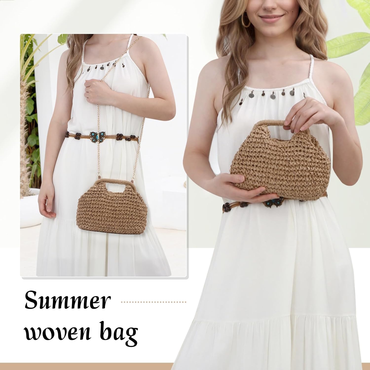 CAILDANL Straw Dumpling Clutch Purse Summer Vacation Beach Crossbody Bag for Women Pouch Straw Woven Handbag