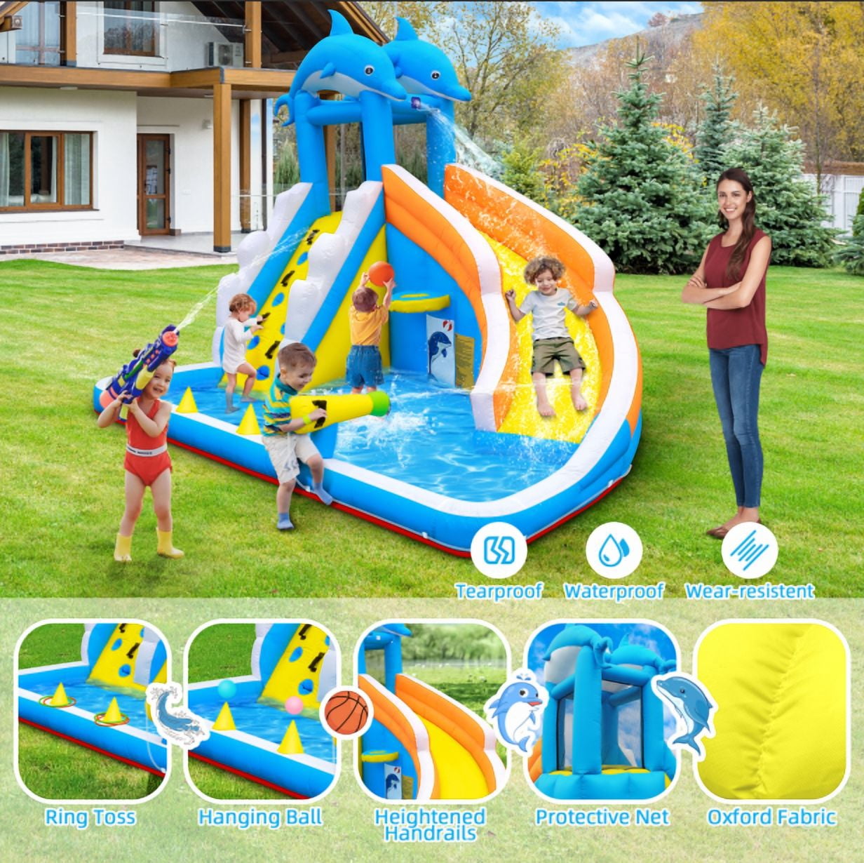 Inflatable Water Slide,5 in 1 Dolphin Inflatable Bounce House for Kids- Climbing Wall Splash Pool Water Cannon Basketball Rim - 480W Blower - for Indoor Outdoor Backyard Birthday Party