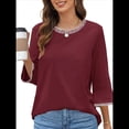 thumbnail image 2 of Blusas de 3/4 para Mujer, Elegantes, Informales, con Cuello Redondo, Holgadas y A , para Vino Tinto M, 2 of 9