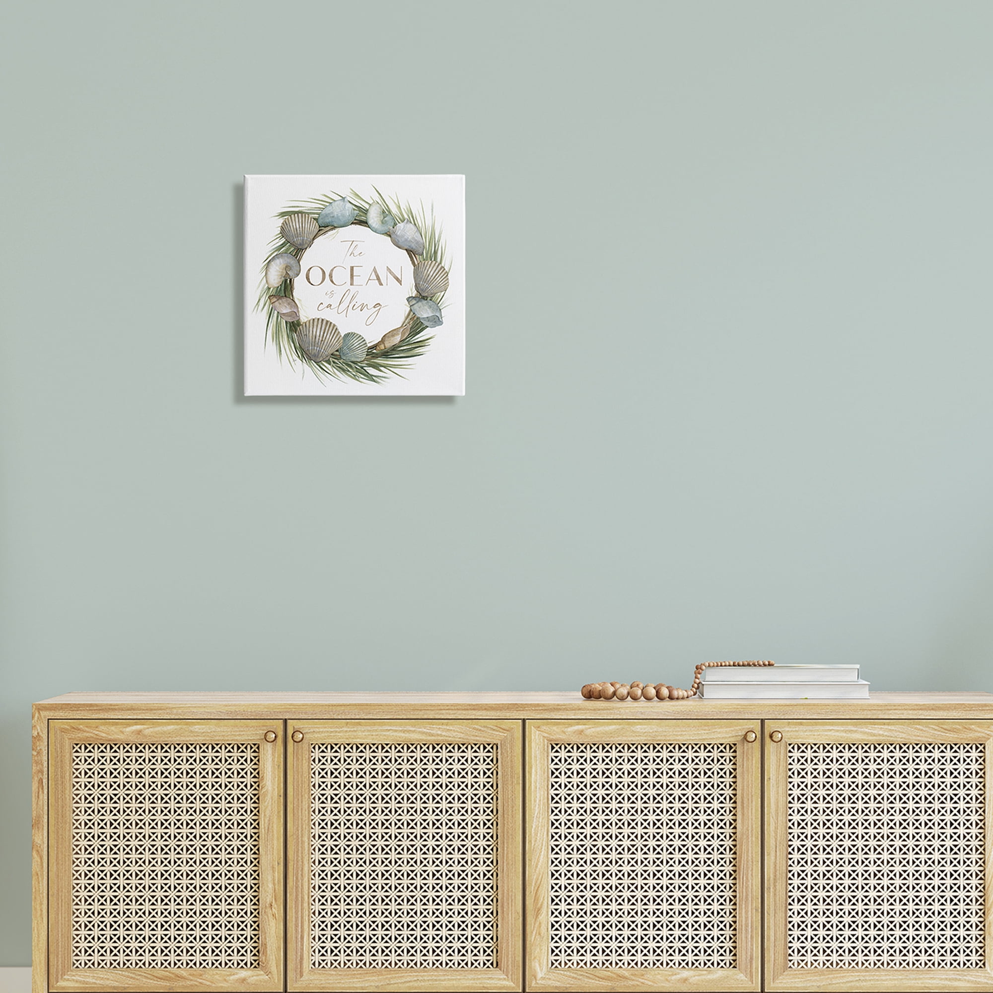 Stupell Industries Ocean Is Calling Quote Botanical Wreath Seashells Design Graphic Art Gallery-Wrapped Canvas Print Wall Art, 17x17, by Nan