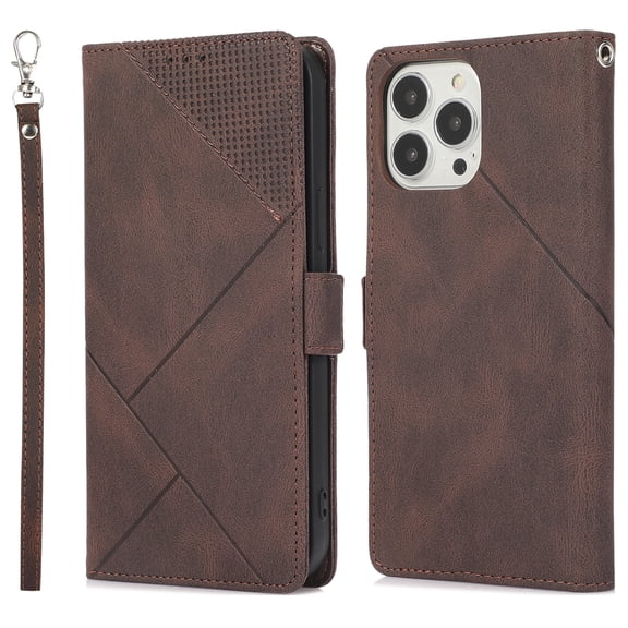 Skin-Friendly Wallet Case for iPhone 14 Pro, Premium PU Leather Shockproof Card Slots Cash Holder Flip Cover with Kickstand Folio Magnetic Clasp Wrist Hand Strap Handbag Case,Brown