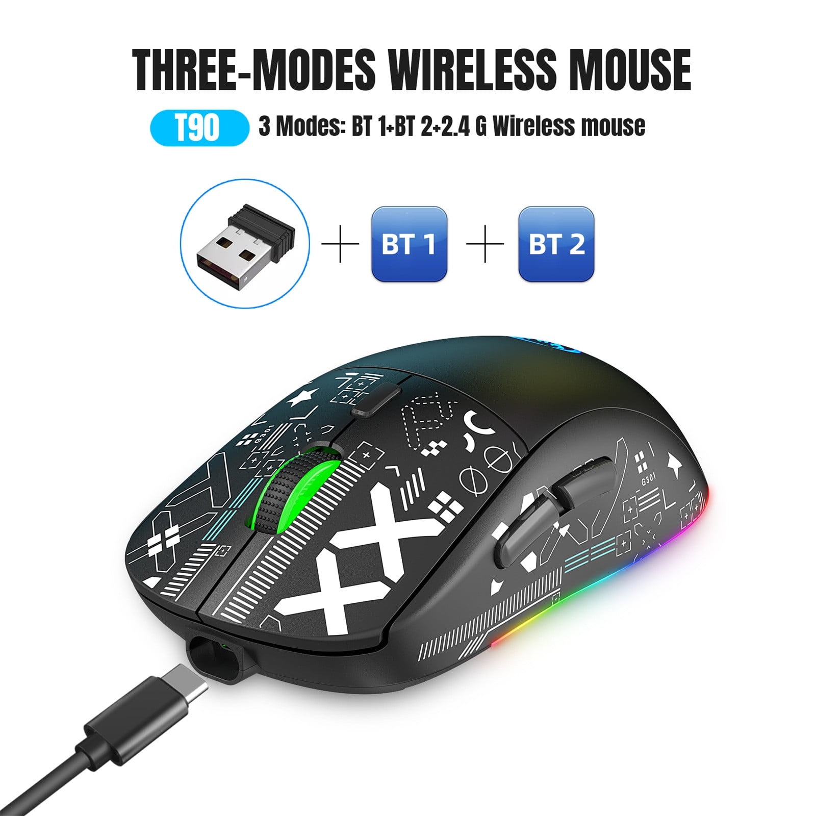 UHUYA Wireless Mouse 2.4GHz Bluetooth Wireless Mouse Gaming Mouse 3 Mode RGB Backlight Wireless Optical USB Gaming Mouse 3600DPI Rechargeable Mute Mice Black