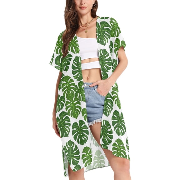 joogoo Women's Palm Tropical Leaf Beach Cover Up Kimono Swimsuit Summer Cardigan Swimwear S