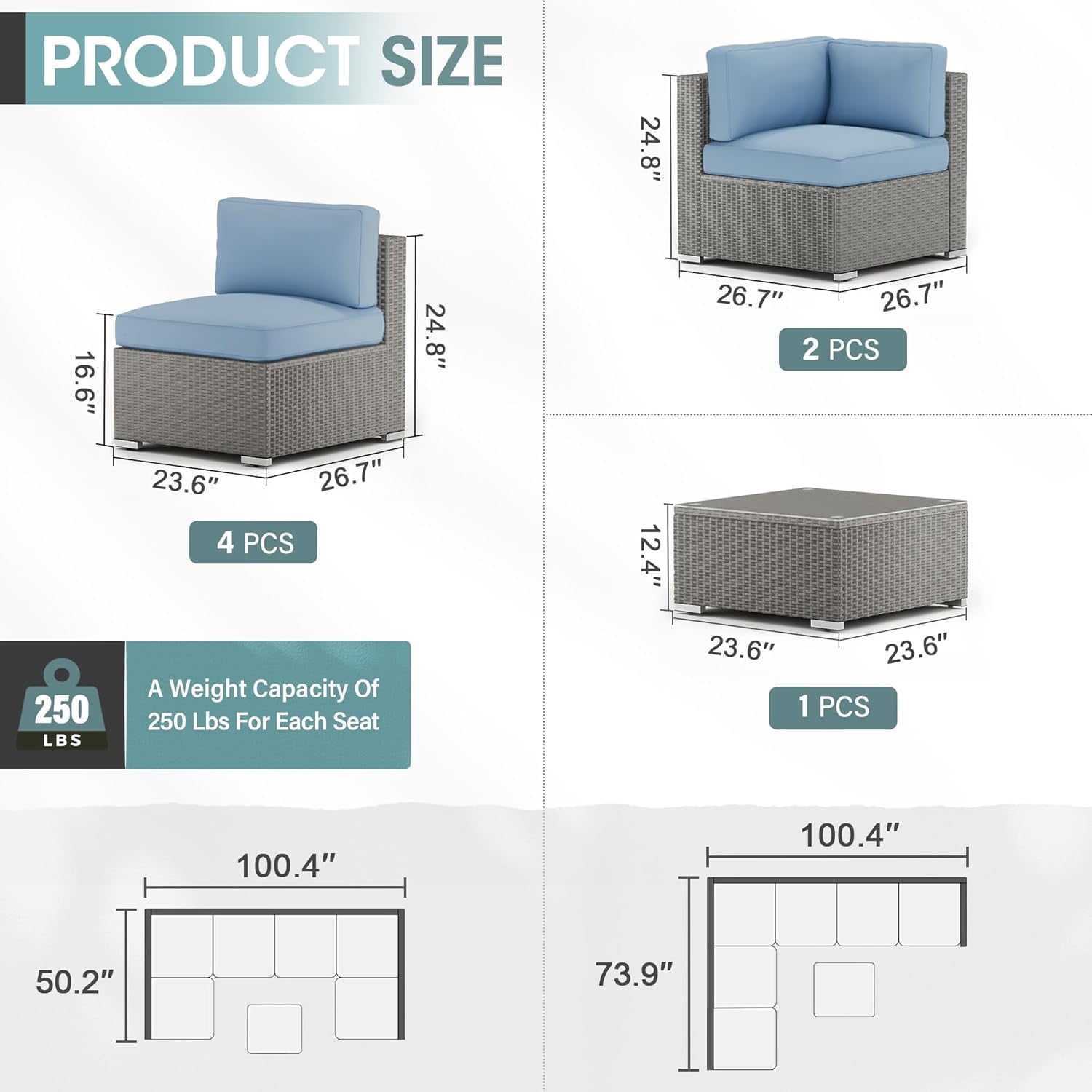 SOLAURA 7-Piece Patio furniture Outdoor  Sofa Set, Gray Wicker Rattan  Sectionals Light Blue Cushion Sofa Conversation Set with Glass Coffee Table