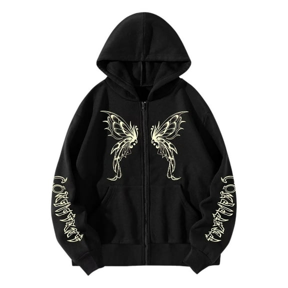 Tiweut Jackets for Womens Butterfly Print Y2K Pullover Oversized Gothic Hop Long Sleeve Hooded Loose Fit Sweatshirt Regular Tops Black,L