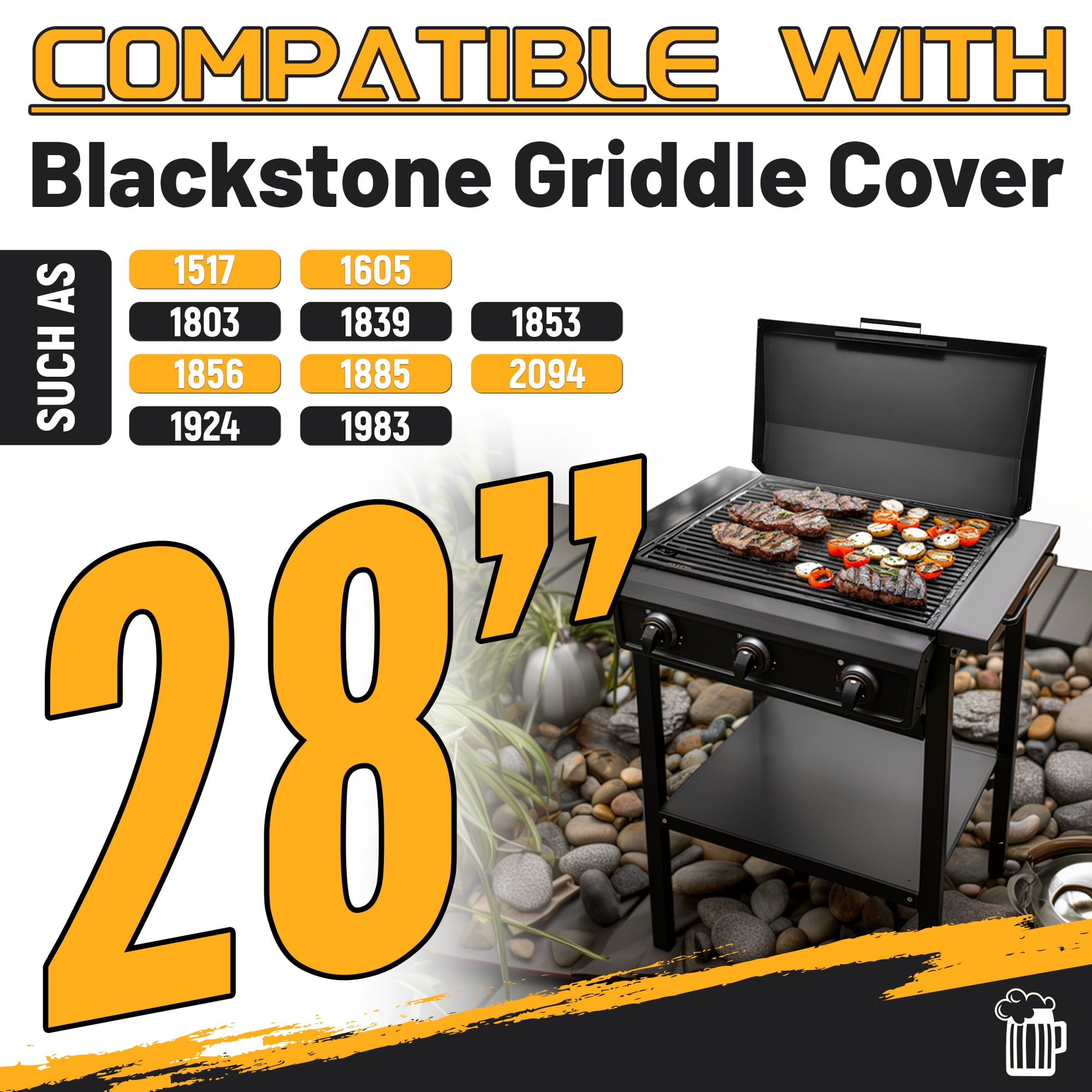 Kojem 28" Hinged Lid Griddle Cover for 28 inch Blackstone Griddle with Rear Grease Collection Black Steel