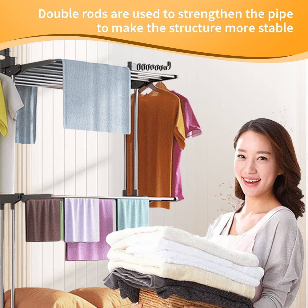 4-Tier Clothes Drying Rack w/ Casters,  Clothes Dryer Hanger Stainless Steel Garment Laundry Racks Movable with Foldable  Indoor Outdoor Bedroom Balcony