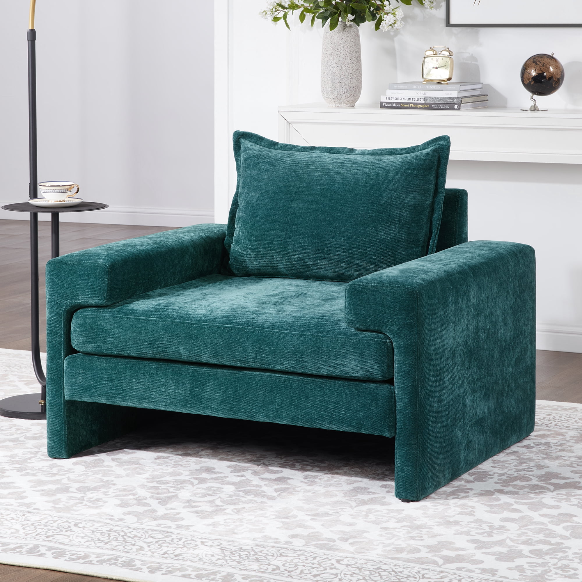 Euroco Chenille Upholstered Armchair 40.9" Accent Chair with Wide Armrests, Thick Cushion, Ergonomic Back Support for Living Room, Bedroom, or Office, Green