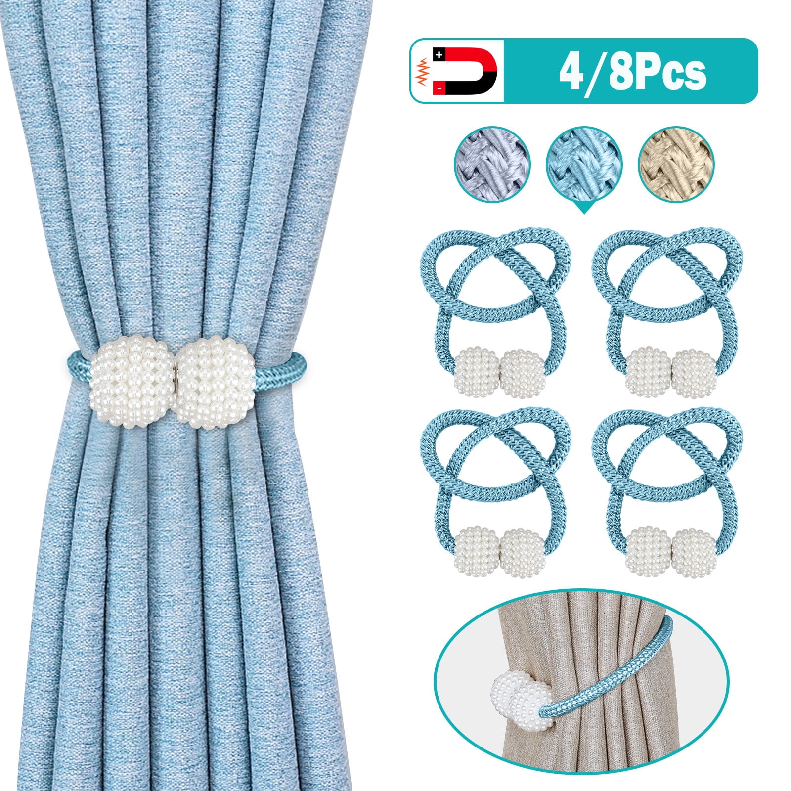 Magnetic Faux Pearl Beads Weaving Rope Curtain Tieback Ring Holder Home Decor 
