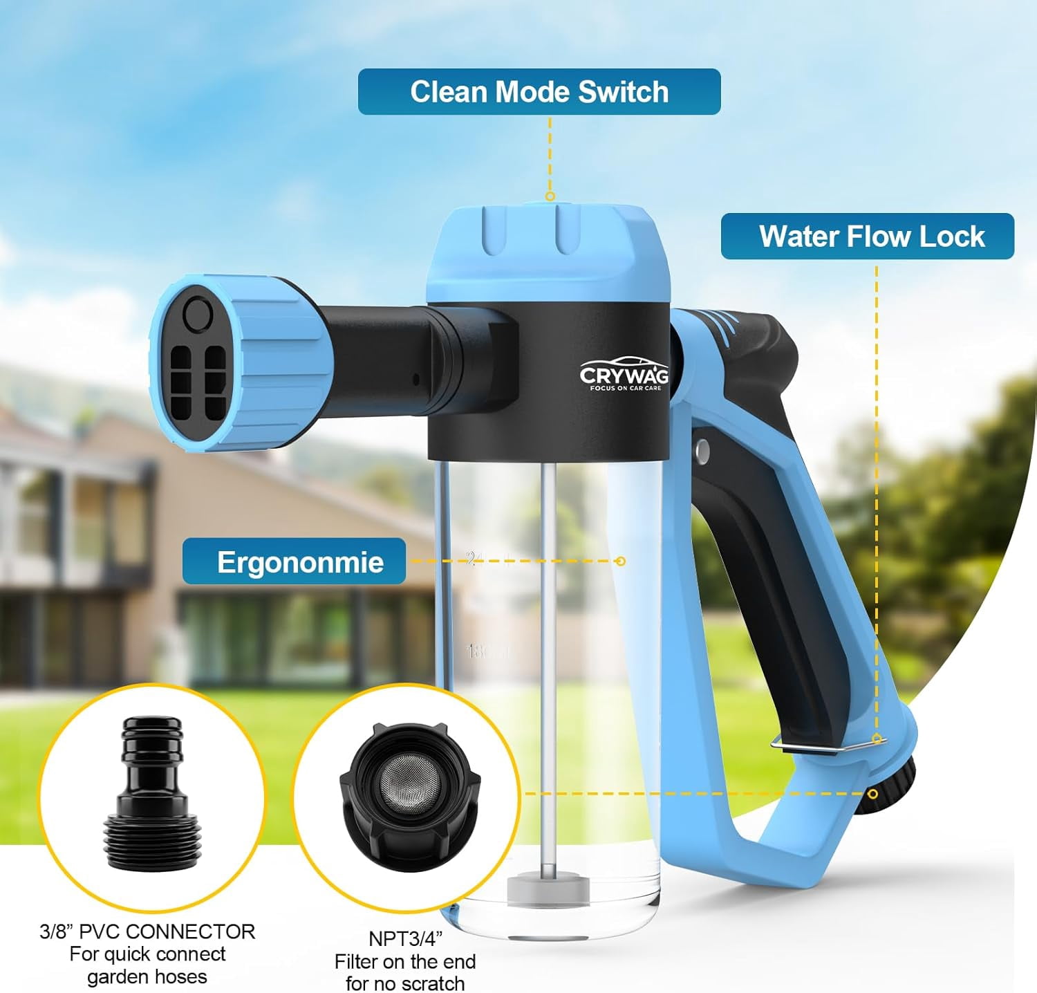 Car Wash Foam Gun for Garden Hose, Foam Cannon Car Wash Kit with Microfiber Wash Mitt, High Pressure Nozzle & 3 Spray Modes, Hose Foam Blaster for Cars, Trucks, RV, Motorcycle Cleaning - Blue