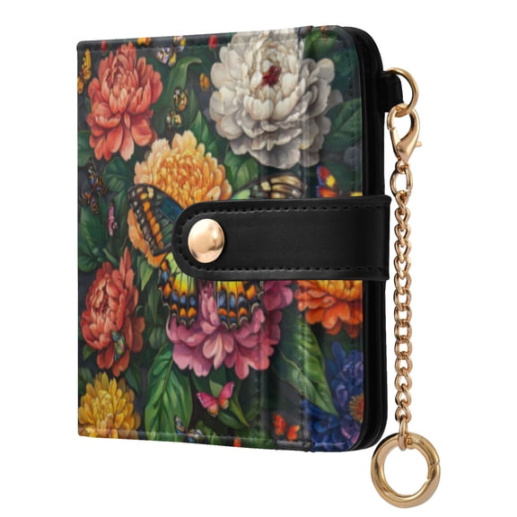 Qxltty Peony Butterfly Paintings Ladies Wallet Rfid Slim Thin Compact Credit Card Women Wallet Zipper Coin Pocket and ID Window for Female Gifts