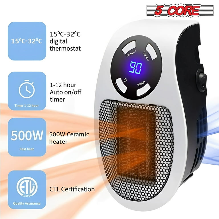 500W Wall Outlet Small Plug in Handy Premium Heater w Timer