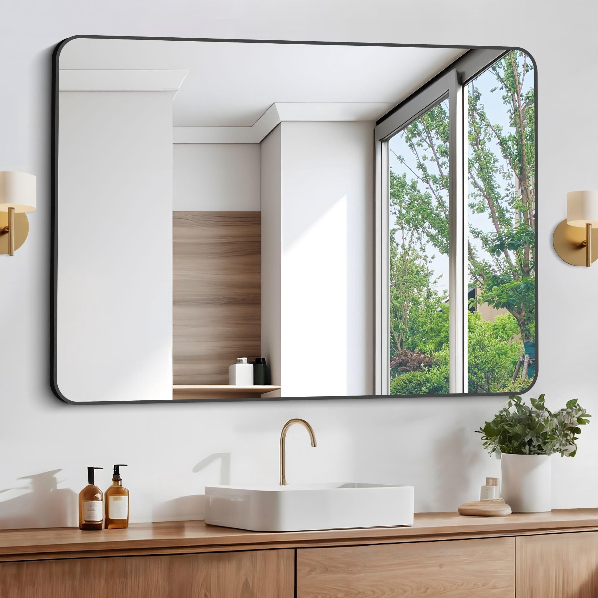 Anyrose Bathroom Mirror, 36"x48" Rectangle Wall Mirror, Metal Frame Vanity Mirror, Large Wall Mounted Mirror,Black