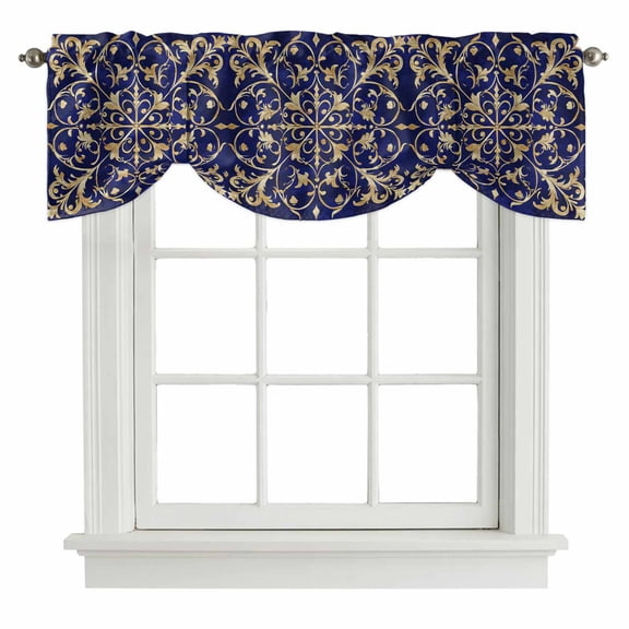 Abstract Blue Gold Tie Up Valance Curtains for Windows, Kitchen Curtains Window Shades, Luxurious Traditional Flower Leaf Light Filtering Roman Curtain Valances for Bedroom/Bathroom/Cafe 60"x18"