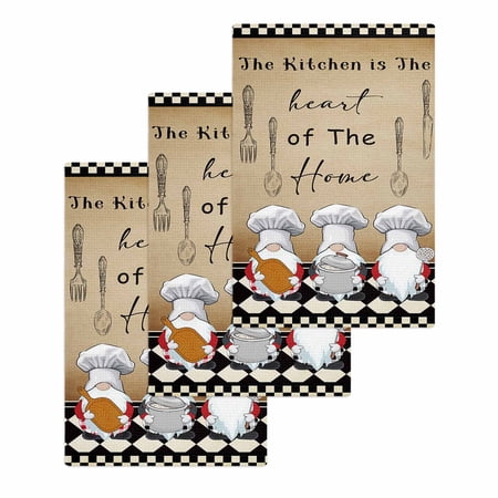 Farmhouse Chef Gnomes Kitchen Dish Towels for Drying Dishes Set of 3 Vintage Black White Plaid Waffle Weave Microfiber Hand Tea Bathroom Towels Quick Dry & Absorbent Towel 15.7x23.6