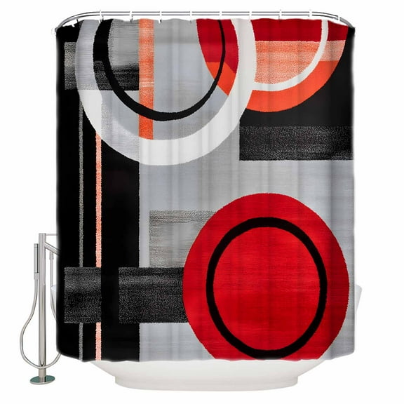 Red Gray Black Shower Curtain, 72" x 72", Abstract Round Modern Art Waterproof Bathroom Curtain Washable Shower Curtain Set with 12 Hooks