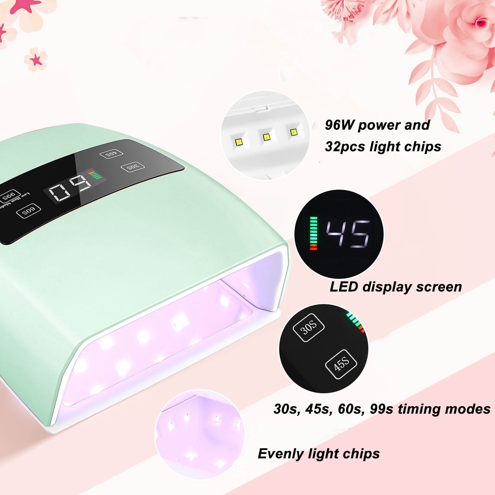 BIMZUC 96W Nail Gel Dryer 32pcs Light Chips 4 Time Setting LED Screen Nail Polish Curing Lamp Cordless Rechargeable 10.24 inches / 26 cm EU Plug For At-Home Salon