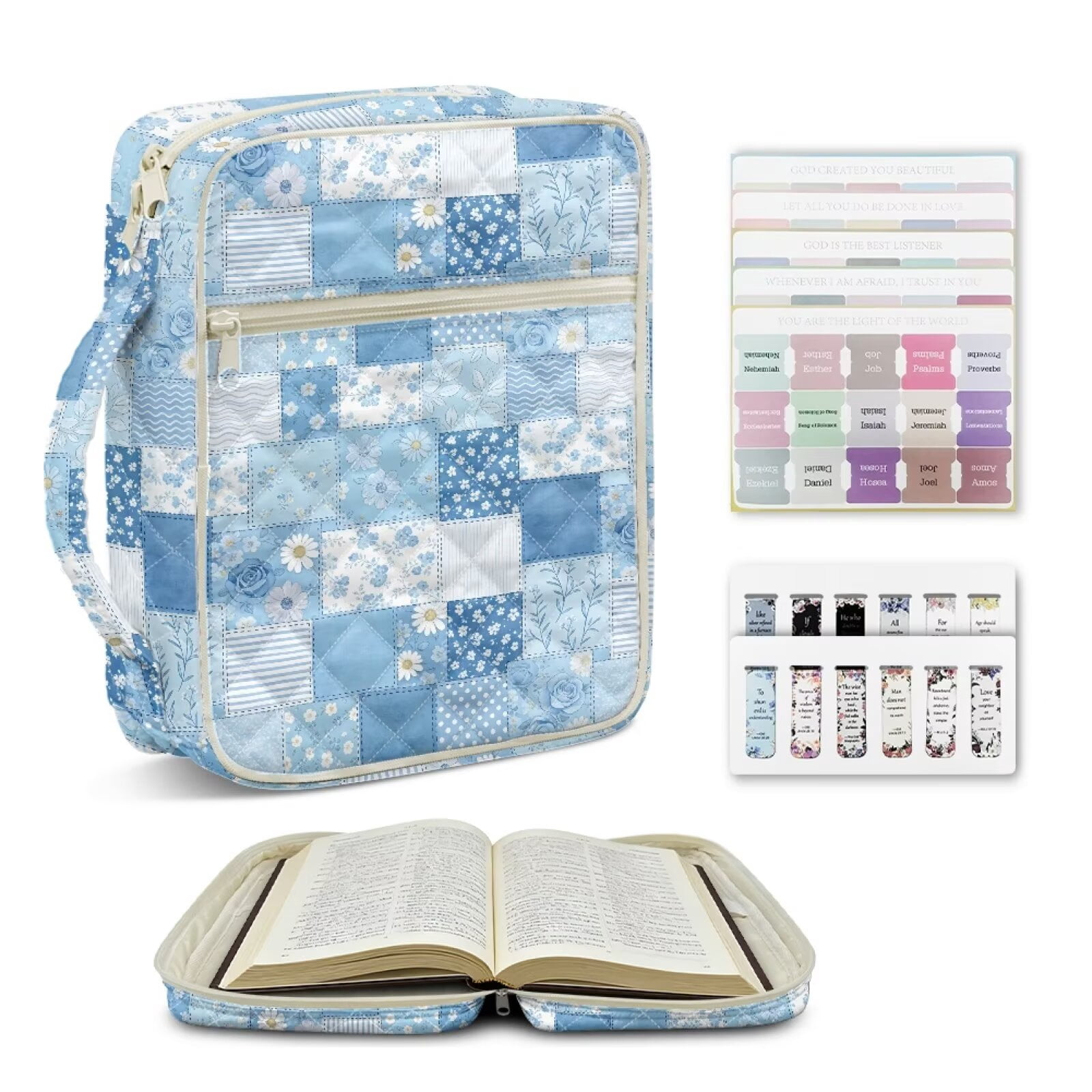 Pzuqiu Blue Daisy Bible Covers with Handle&Bookmark Accessories Elegant Large Capacity Church Scripture Case for Women Carrying Case Study Supplies Accessories for Book Lovers