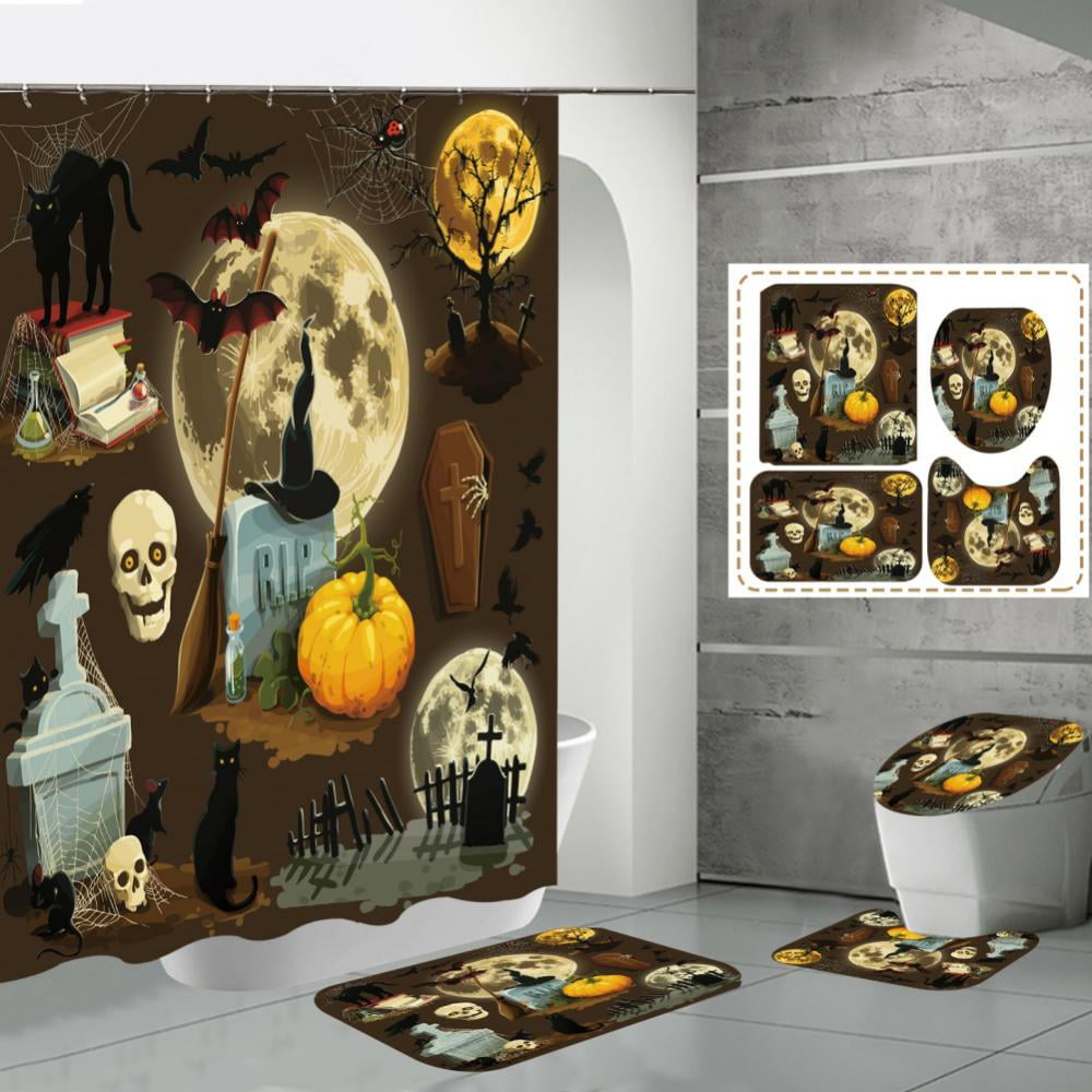 Halloween Pumpkin Spooky Skulls Black White Waterproof Fabric Shower Curtain Set 