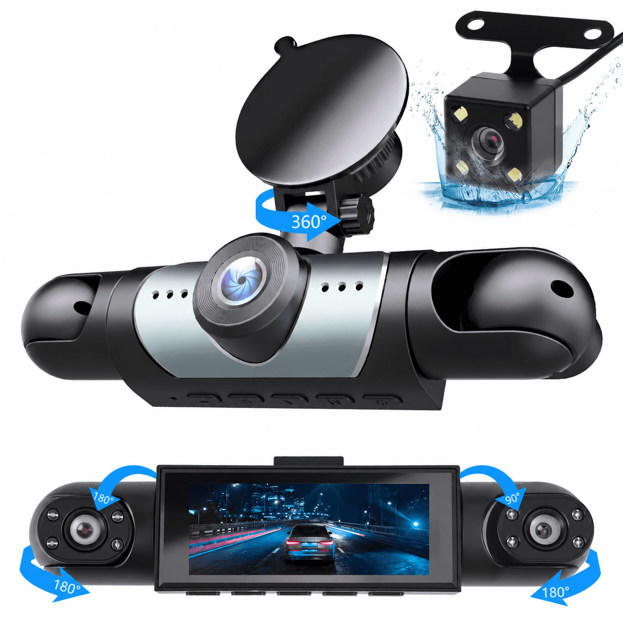 4-Channel Dash Cam with 1080P Front, Inside & Rear Cameras, Night Vision, HDR, G-Sensor, Loop Recording & 24HR Parking Mode