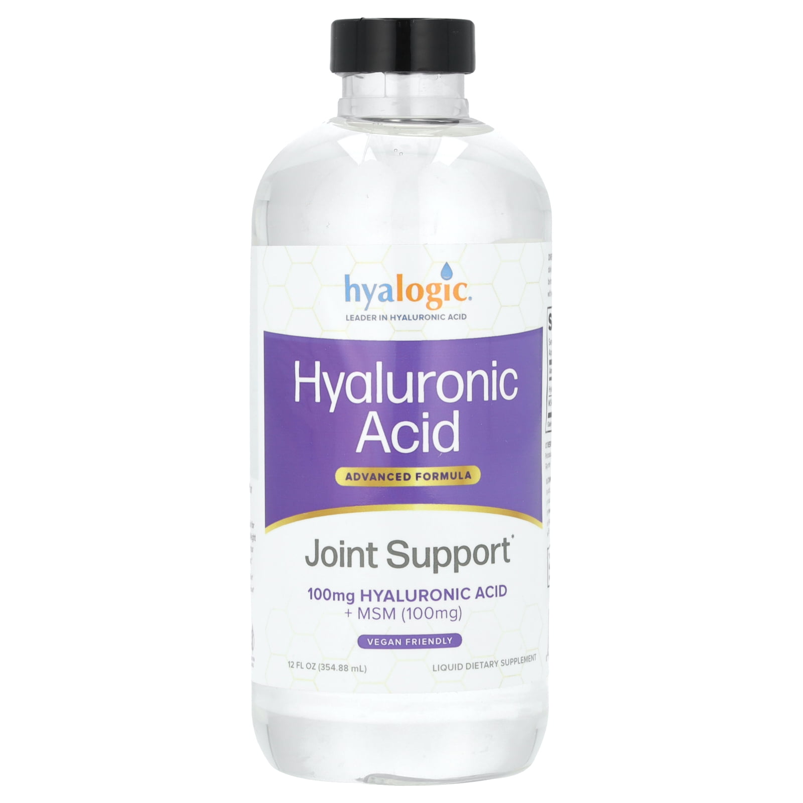 Hyalogic Liquid Hyaluronic Acid Supplement - Ingestible Skin Support with 100mg Hyaluronic Acid and 100mg MSM - Natural Hydration for The Face, Eyes and Lips - High Molecular Weight Formula - 12 oz
