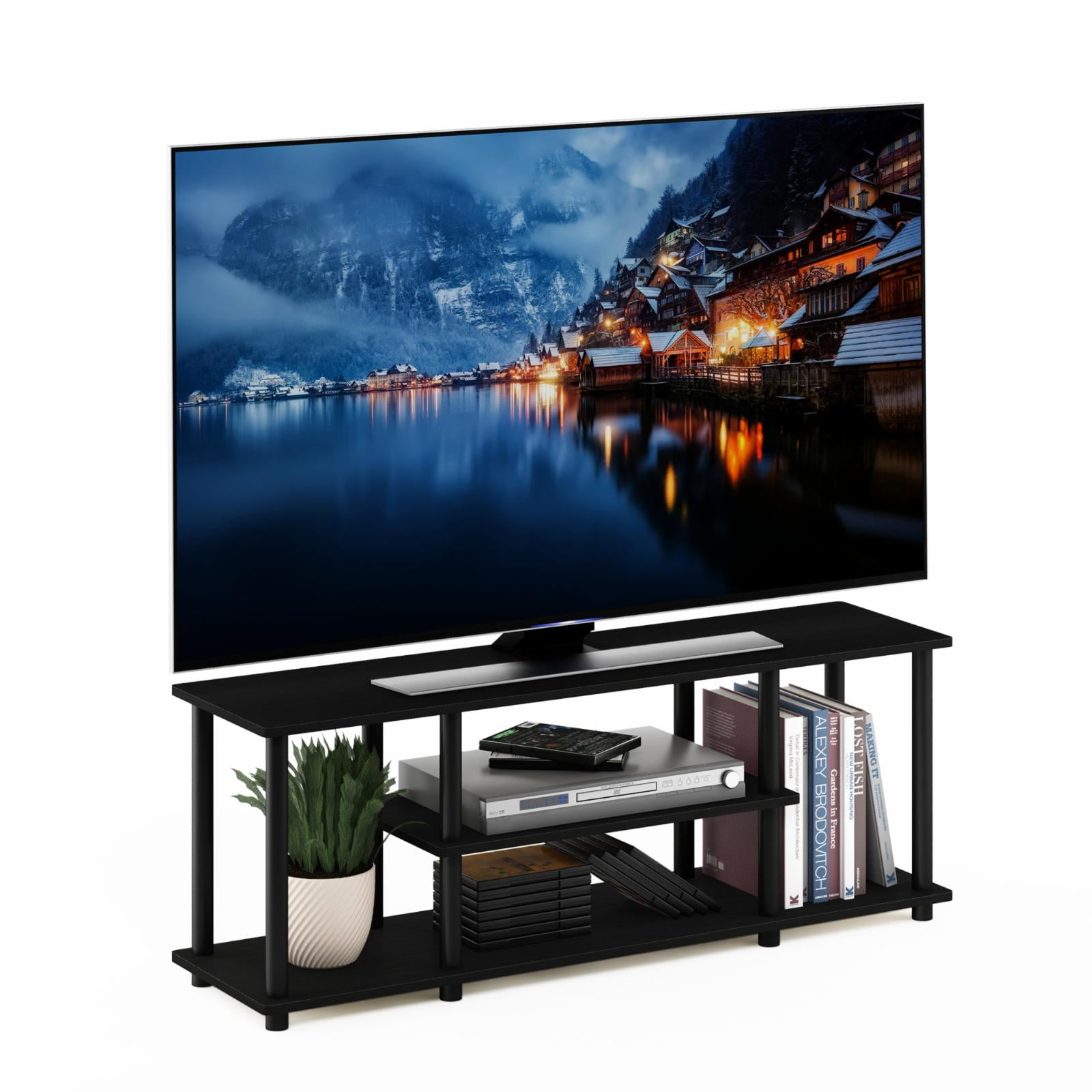 FURINNO Turn-N-Tube No Tools 3D 3-Tier Entertainment TV Stands Round Columbia Walnut/Black 