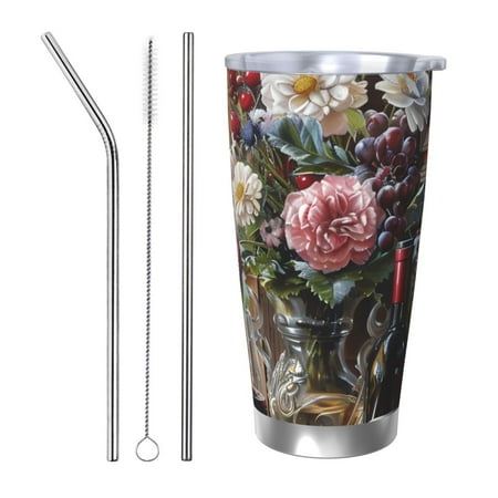

Qekee Romantic Wine Flowers Print 20OZ Car Cup Stainless Steel Vacuum Insulated Tumbler Tumbler Cup With Lid And Straw Travel Coffee Mug-Straw Three-piece Set