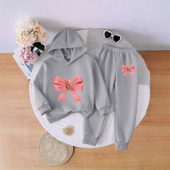 Cowsor Pink Bow 2 Piece Sets Sweatsuit for Girl Cute Kids Fall Clothes Graphic Hoodies Pullover and Sweatpants Outfits
