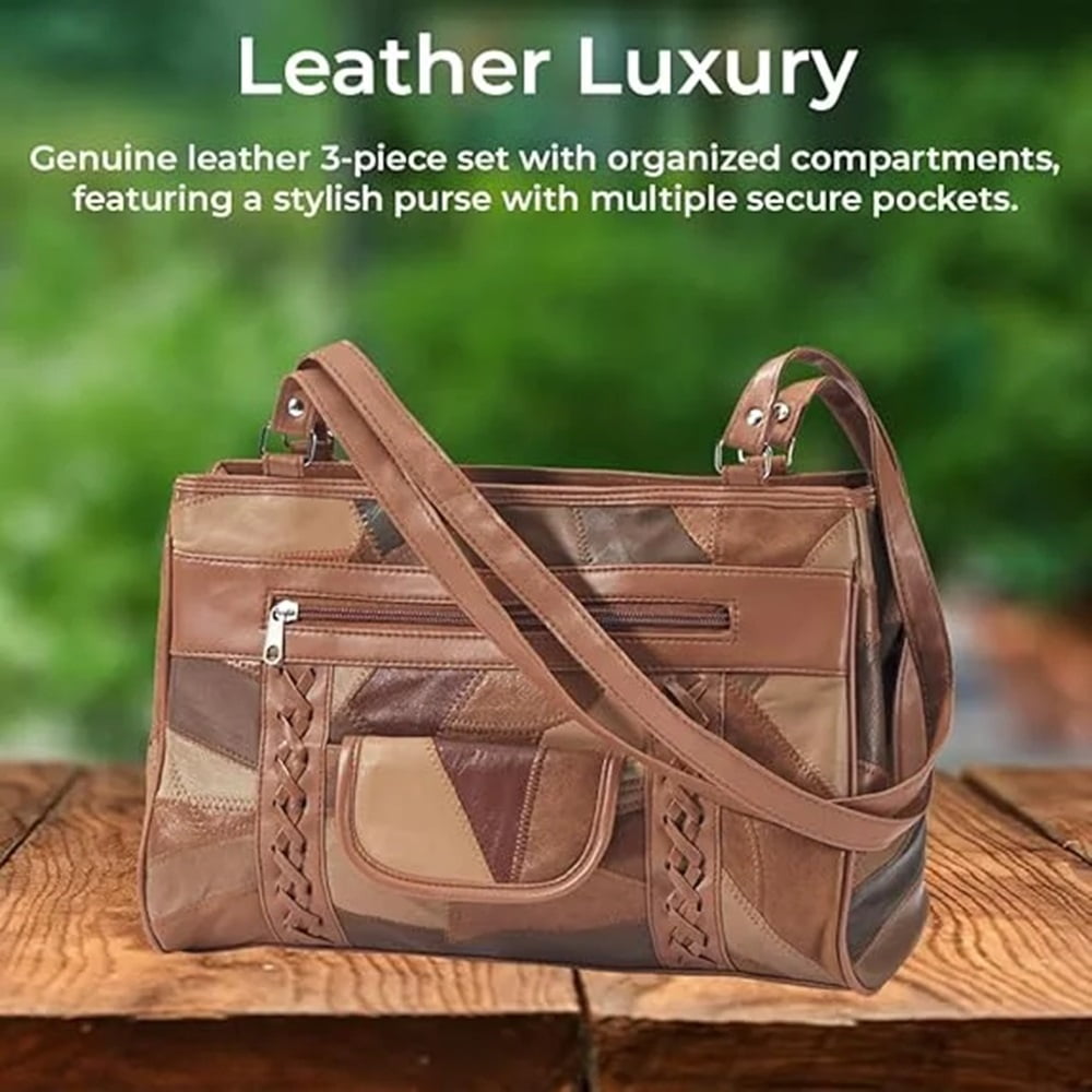 Leather 3-Piece Bag Set for Women, Brown Handbag, Wallet, and Matching Coin Purse, Ladies Patchwork Leather Shoulder Bag