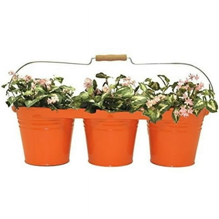 Houston International Trading 8333E TA Enameled Galvanized Triple Planter with Wood Handle for 6.5 in. Pots, Tangerine