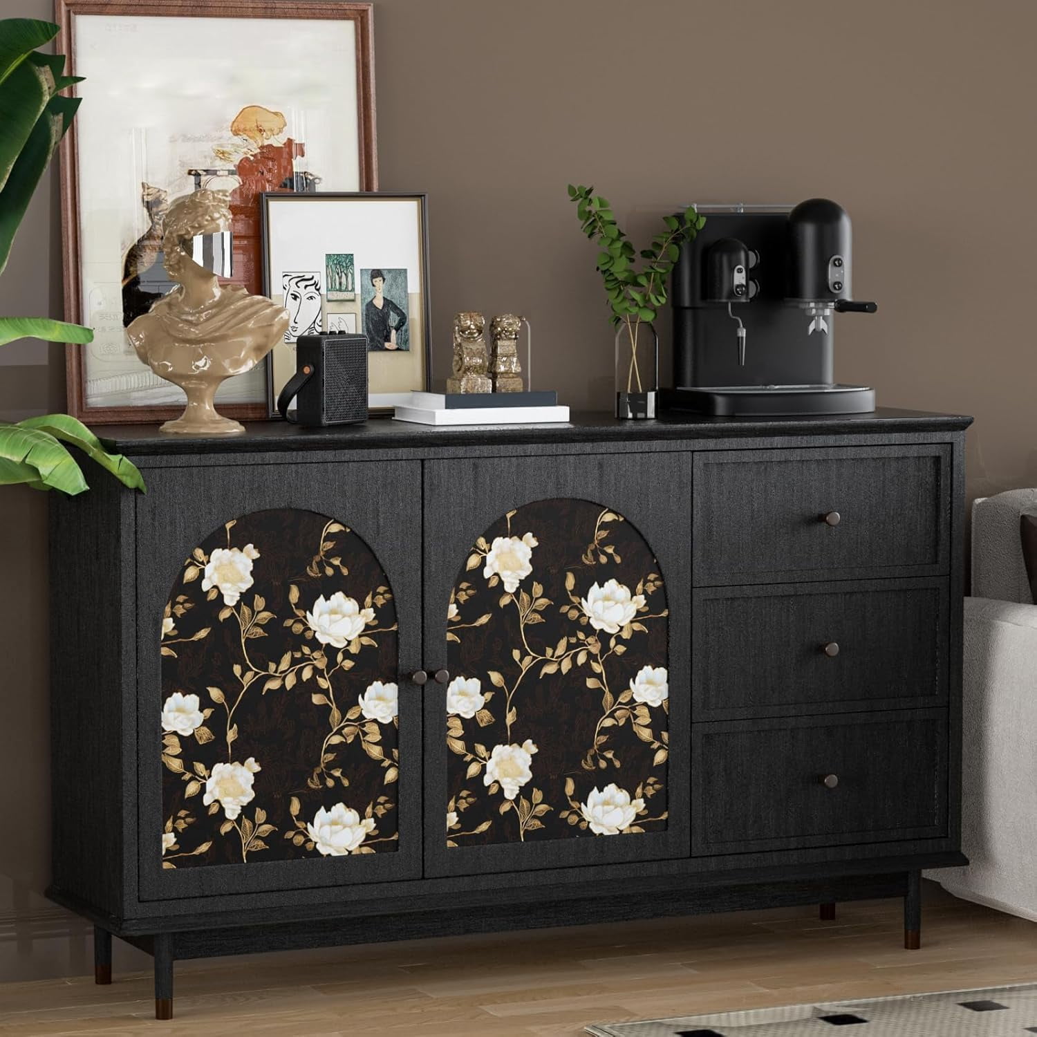 Black Golden Floral Peel and Stick Wallpaper Flowers Contact Paper 17.5"x118" Self Adhesive Waterproof Vintage Dark Wall for Shelf Liner Cabinet Decor