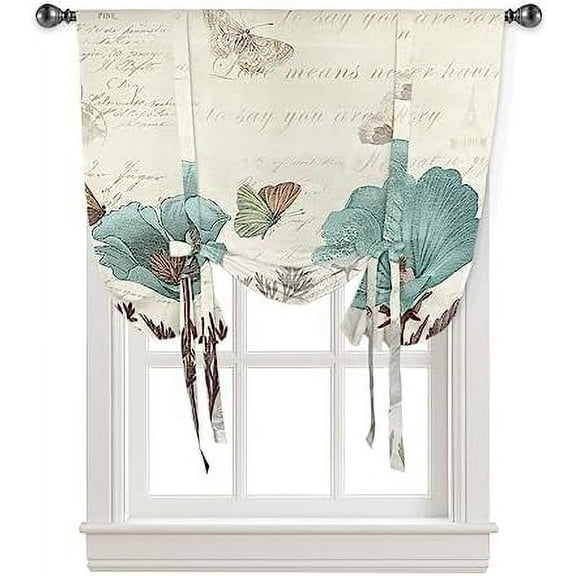 Vintage Teal Tulip Tie Up Curtains for Kitchen Bedroom Living Room Windows Adjustable Tie-Up Shade Rod Pocket Curtain Valance Drape Elegant Floral Farmhouse Flowers Rustic Brown 1 Panel