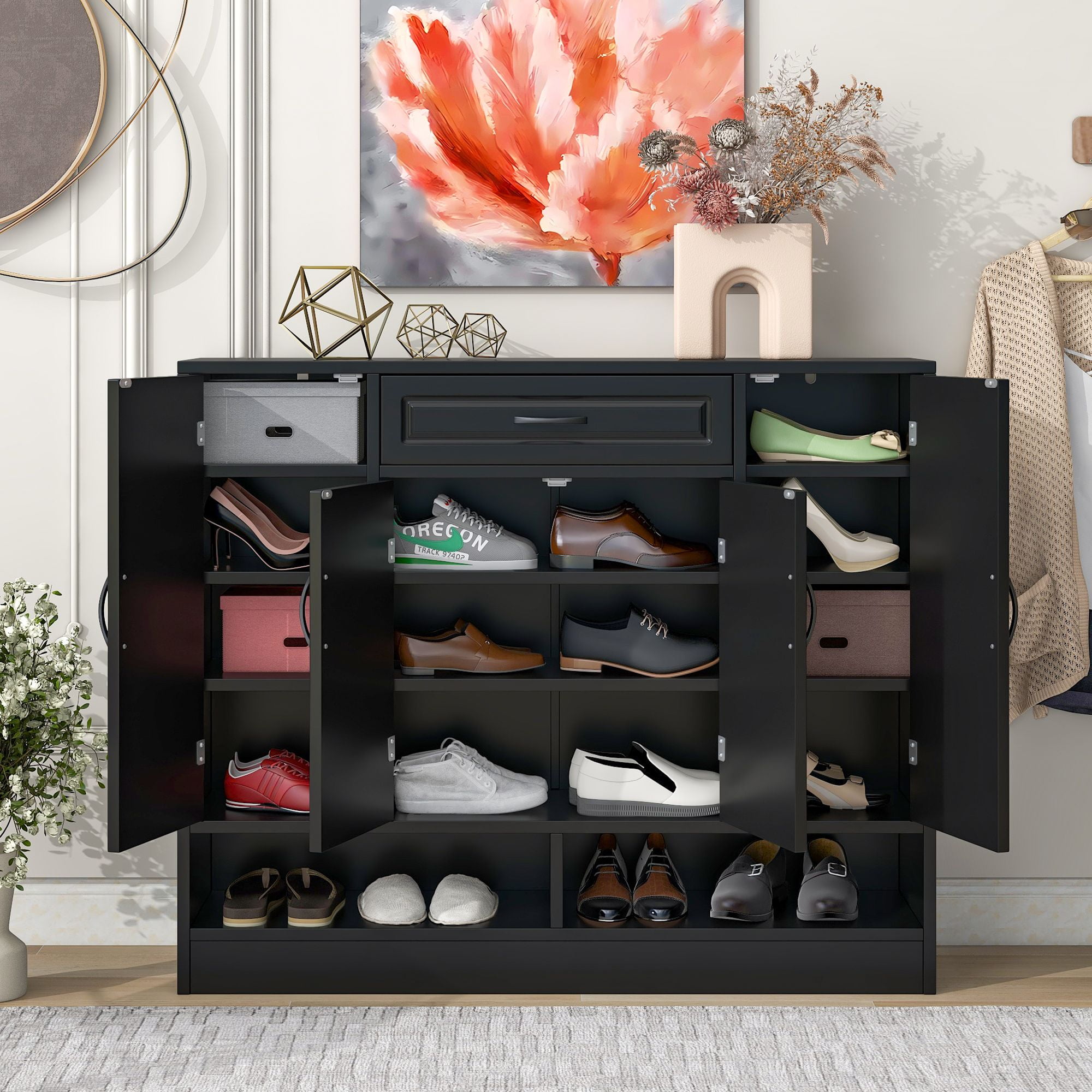 DEALTOPS Modern Minimalist Shoe Cabinet with Ample Storage Space and Adjustable Shelves, Freestanding Wooden Shoe Rack for Entryway - Black