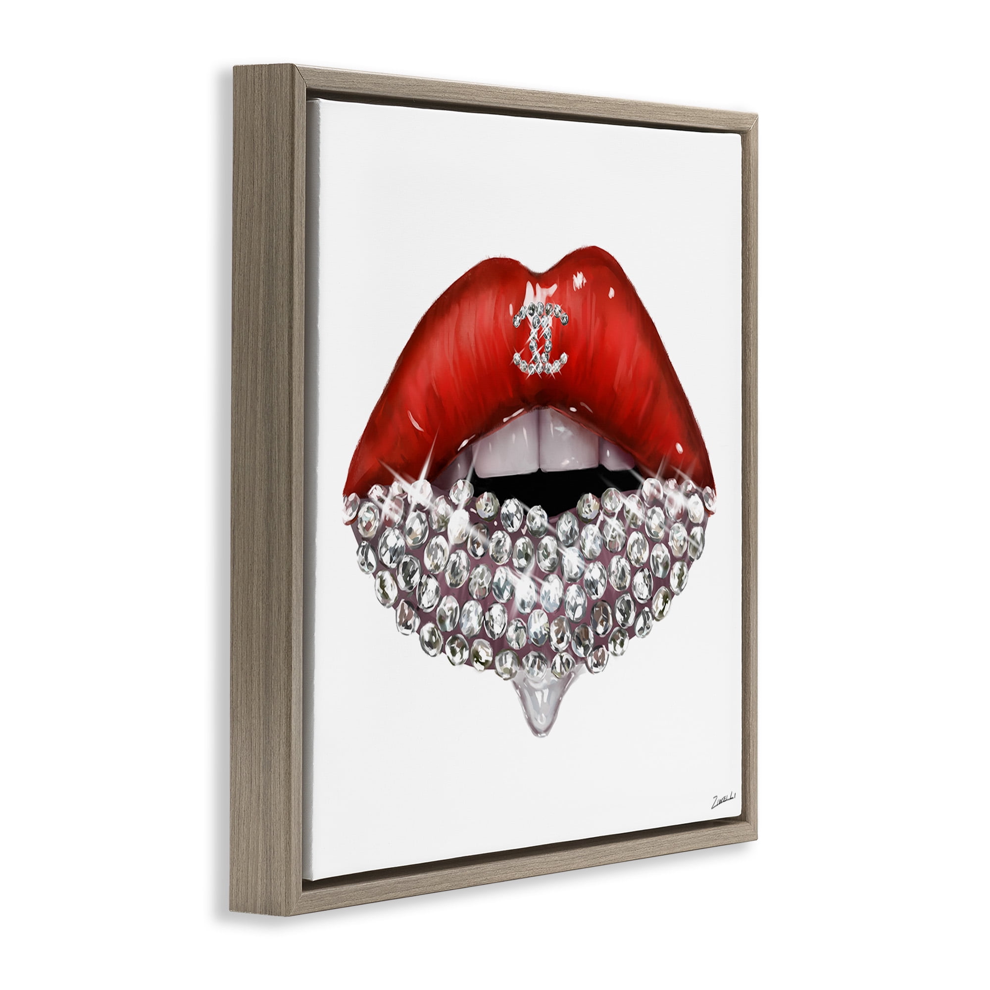 Stupell Industries Chic Red Lip Gemstones Beauty & Fashion Painting Brown Floater Framed Canvas Art Print Wall Art, 25 x 25