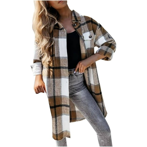 Womens Casual Plaid Button Down Long Sleeve Shirts Flannel Shacket Jacket Coats Tops Lapel V Neck Oversized Outerwear