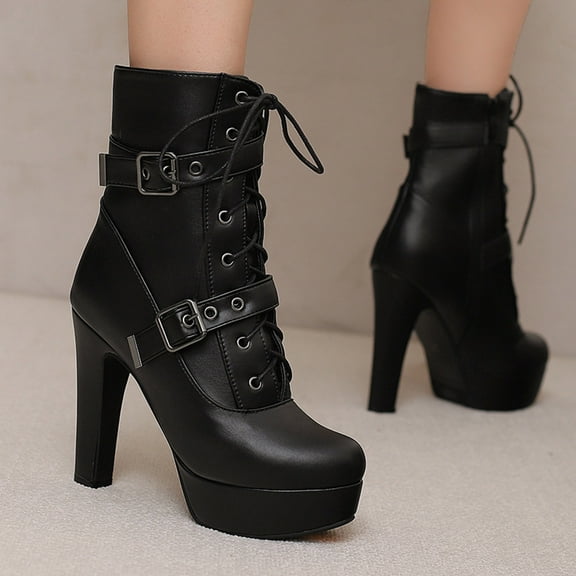 Bnwani Women Boots Ankle Fall Winter Fashion High-Heel Thick High Proof Versatile Casual Sweet Boot Black Size 5.5