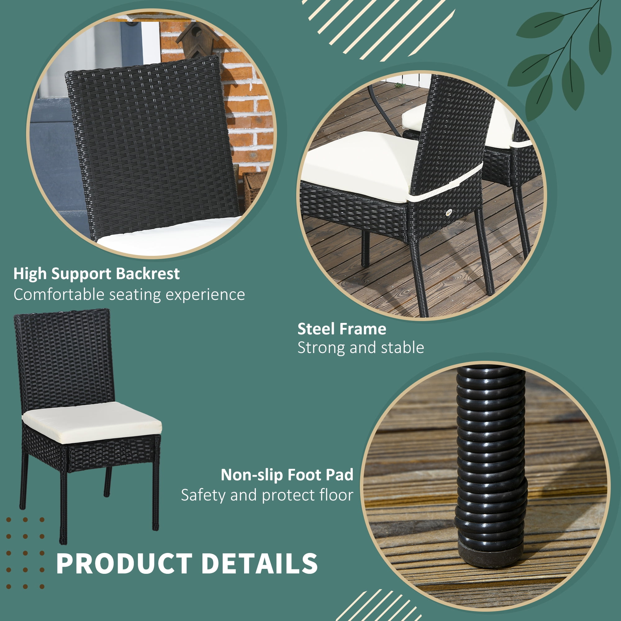 Outsunny 4 Outdoor Dining Chairs, Cushioned Patio Wicker Dining Chairs, Black