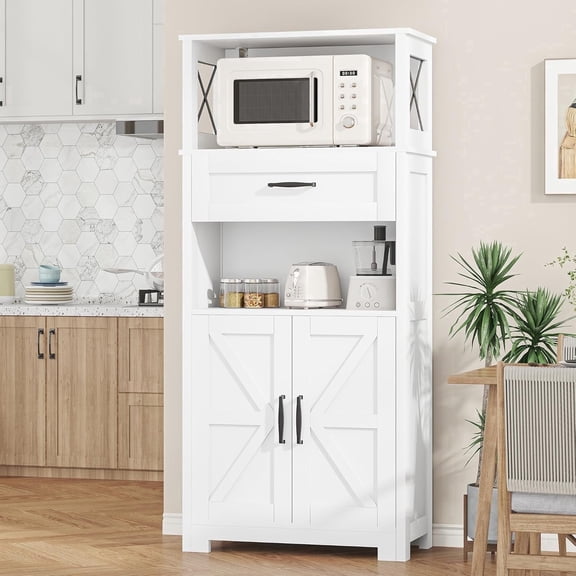 Casendy Kitchen Cabinet with Doors, Farmhouse Pantry Cabinet with Storage Shelf and Drawer, Wooden Kitchen Cupboard Cabinets for Dining Room, Living Room, White