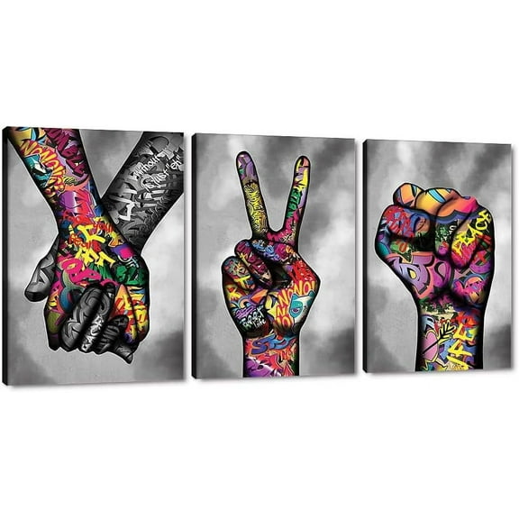 Hieng Large 3 Panels Abstract Wall Art Graffiti Love Grey Background Canvas Painting Poster for Street Living Room Wall Decor Unframed