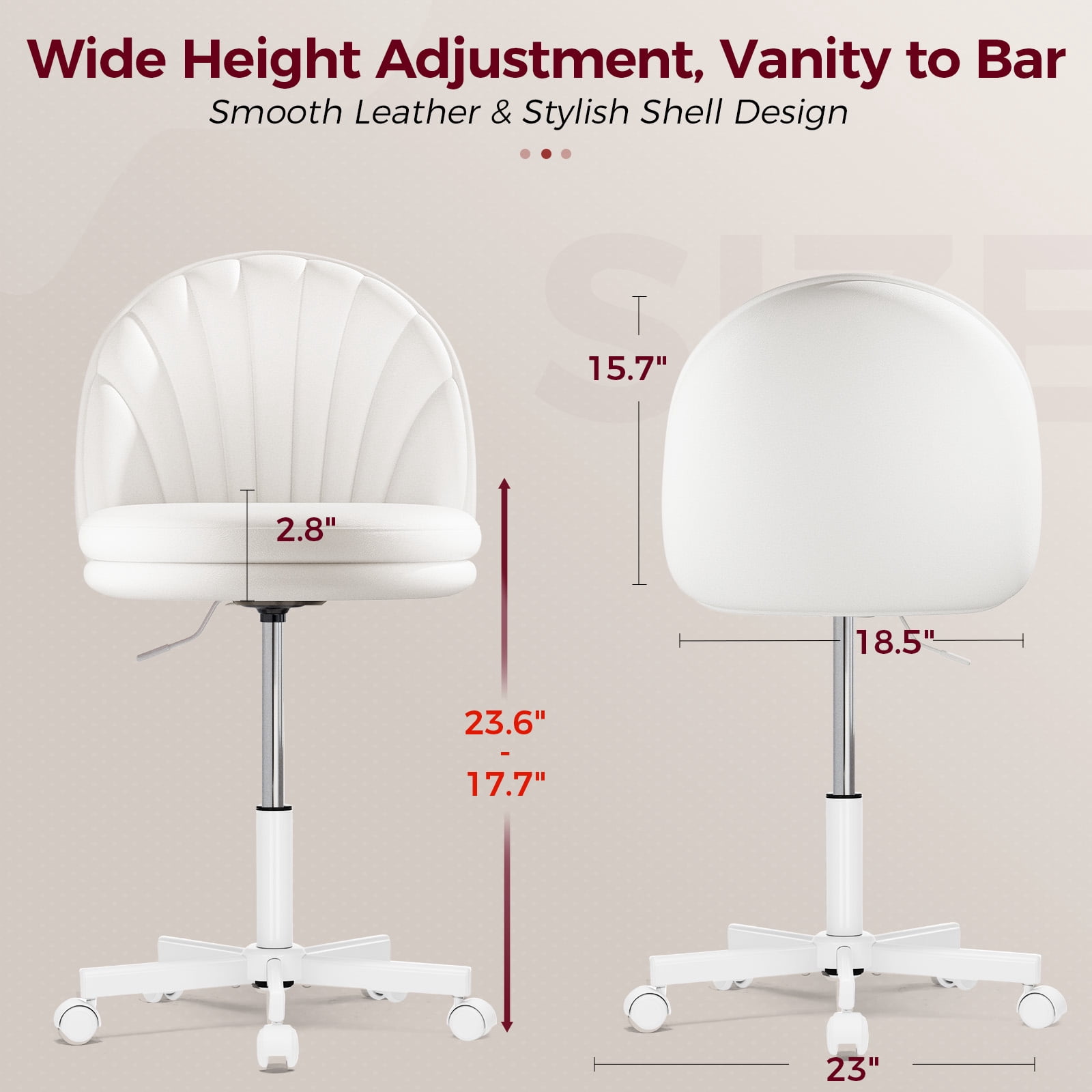 COMHOMA Ergonomic Tall Home Office Chair with Wheels Versatile Height Use form Office to Bar Stools (17.7"~23.6"), White