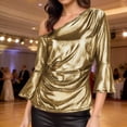 thumbnail image 2 of Tops de Manga Larga de las Mujeres con Brillo Metálico Y Textura de Costillas, Blusa Casual de Hombros para Fiesta Y Uso Cotidiano, Tops de Manga Corta de las Mujeres, 2 of 7