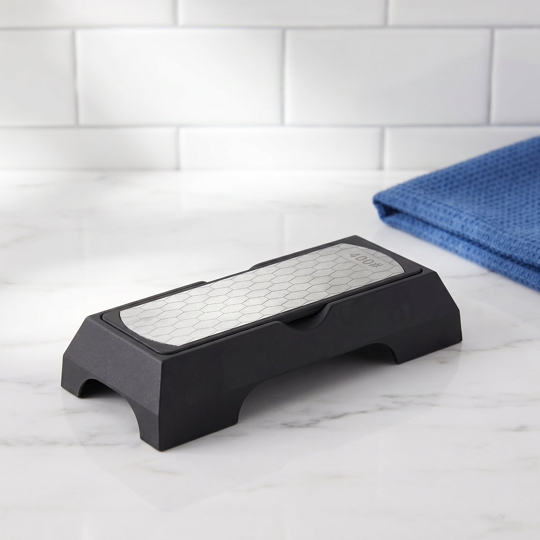 Dual-Sided Diamond Sharpening Stone, Professional Grade Kitchen Knife Sharpener with Non-Slip Base, Coarse & Fine Grit for Chef Knives, Scissors, and Garden Tools, Silver Chrome