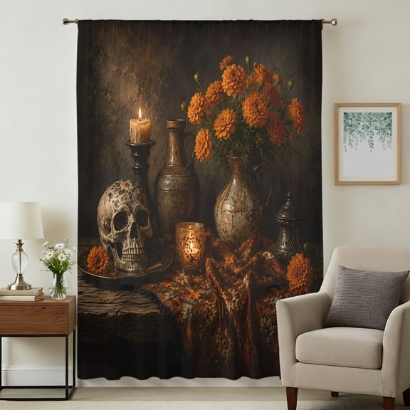 Halloween Skull Sheer Curtains 96 Inches Long, Thanksgiving Orange Florals Vintage Horror Light Filering Curtains, Privacy Drapes Simi Floor to Veiling Curtain for Living Room Window Treatment