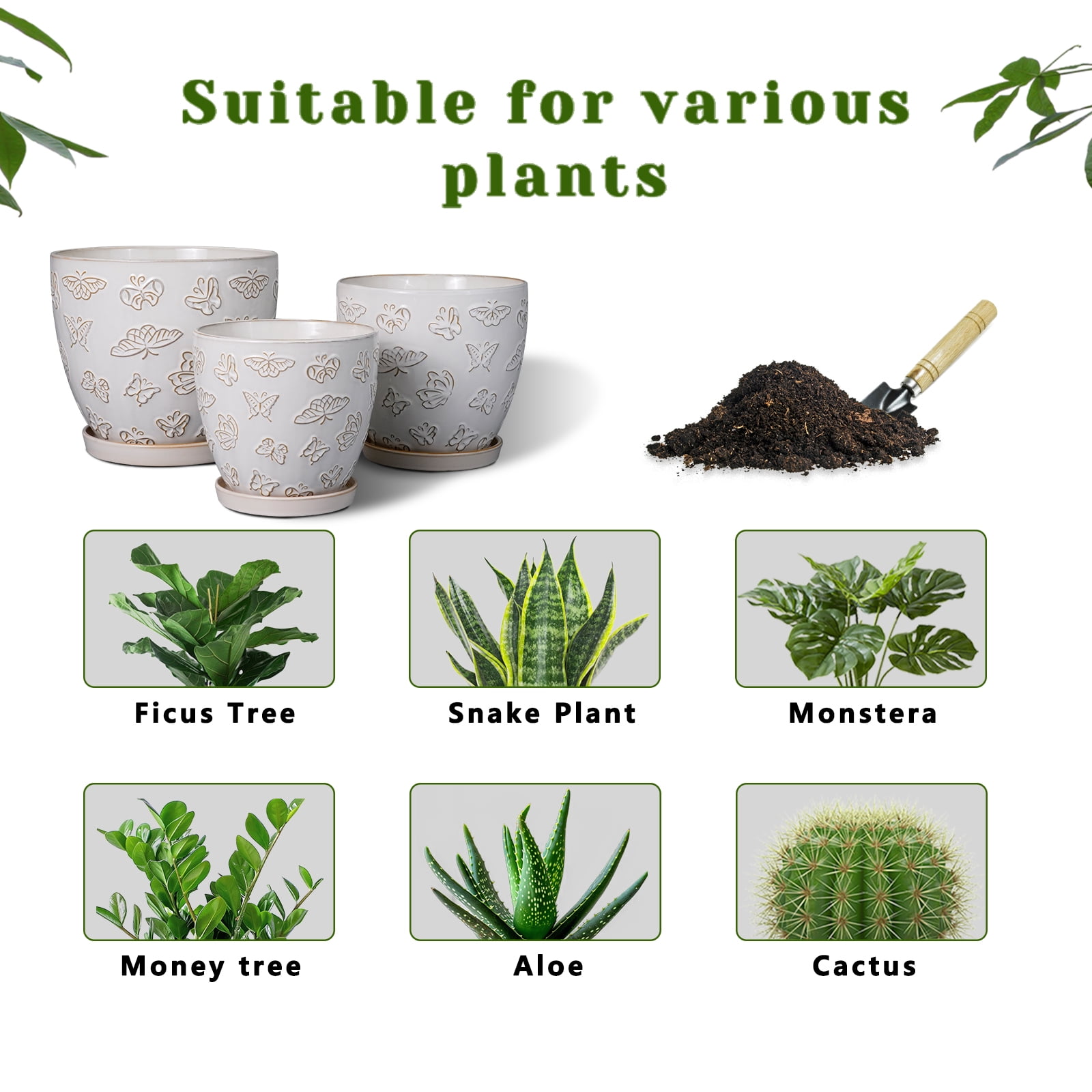 Ordivic 8 inch White Ceramic Planter with Saucer & Drainage, Rustic Decorative Vintage Flower Pots for Indoor Snake Plants,African Violet