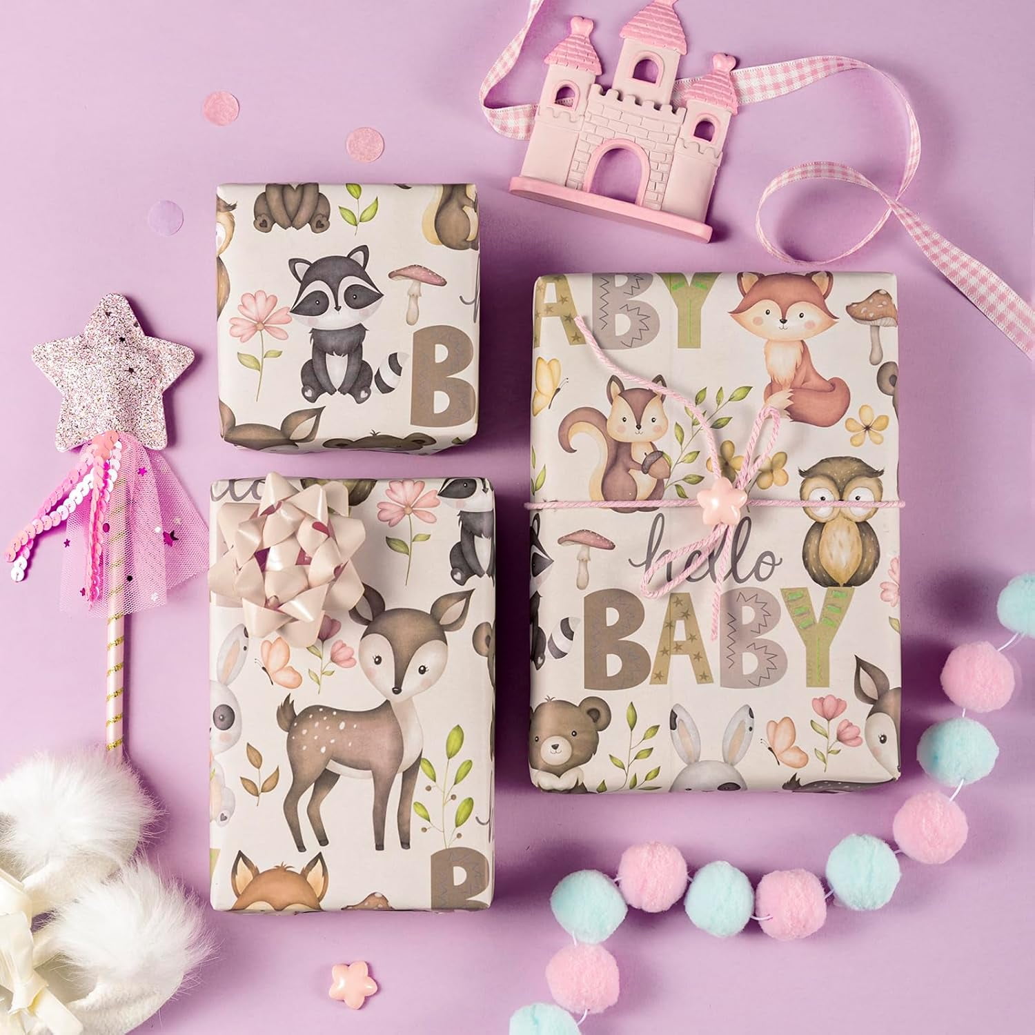Kraft Baby Shower Wrapping Paper Roll - Mini Roll - 17 Inch x 16.5 Feet - Little Woodland Animal Wrapping Paper for Baby Shower, Kids Girls Boys Birthday