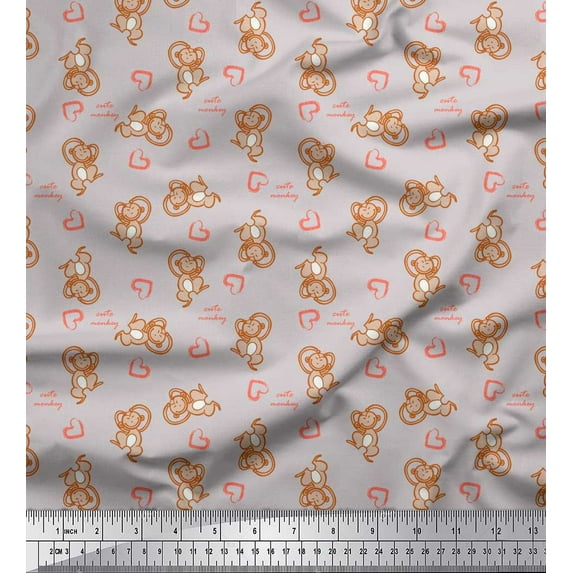 Soimoi Grey polyester Crepe Fabric Heart & Cute Monkey Kids Fabric Prints By Yard 42 Inch Wide