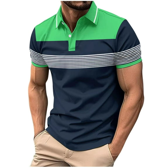 SSAAVKUY Mens Fashion Color Block Polo Shirts Casual Short Sleeve T Shirt Striped Moisture Wicking Golf Shirts Tops Green L