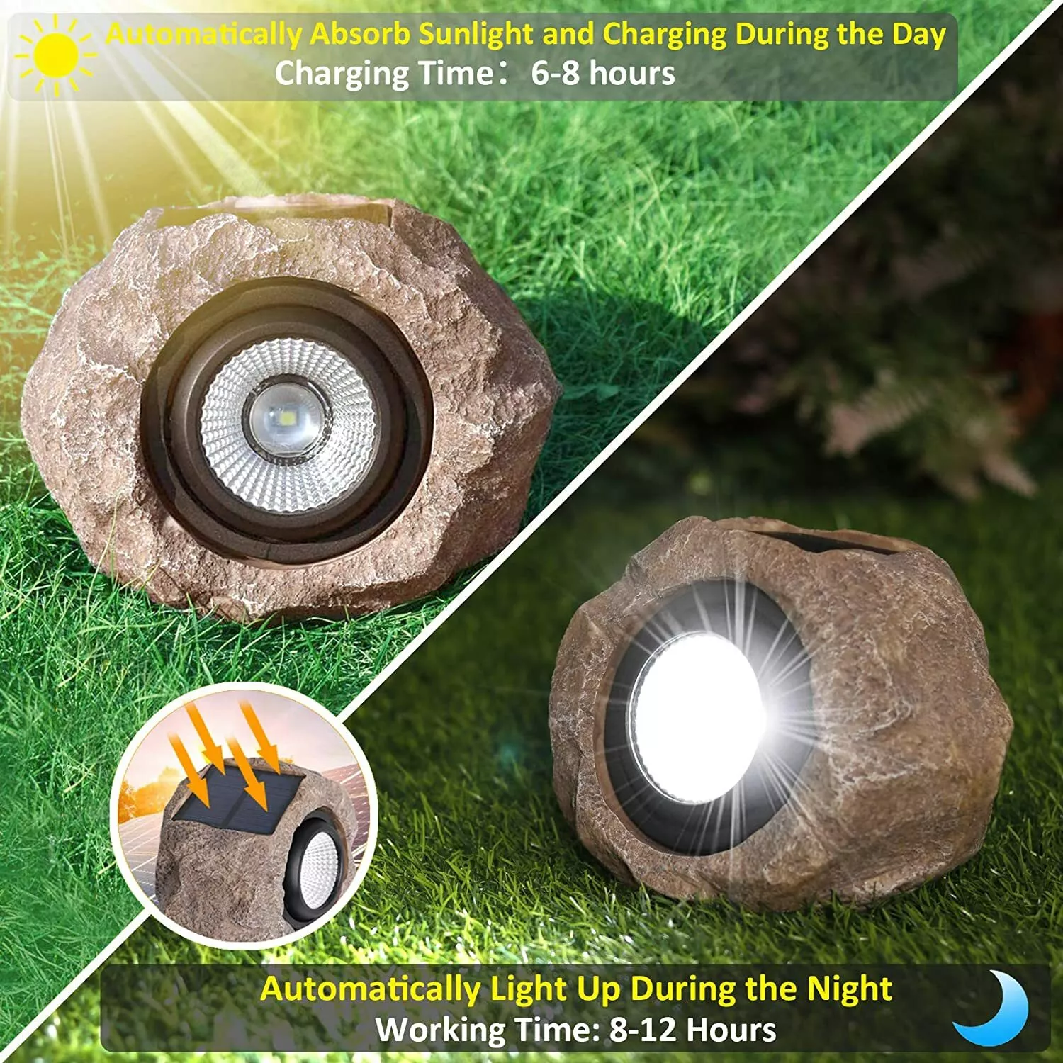 Solar Rock Landscape Light, Waterproof Stone Pathway Garden Lamp with LED Spotlight, Outdoor Yard & Patio Lighting