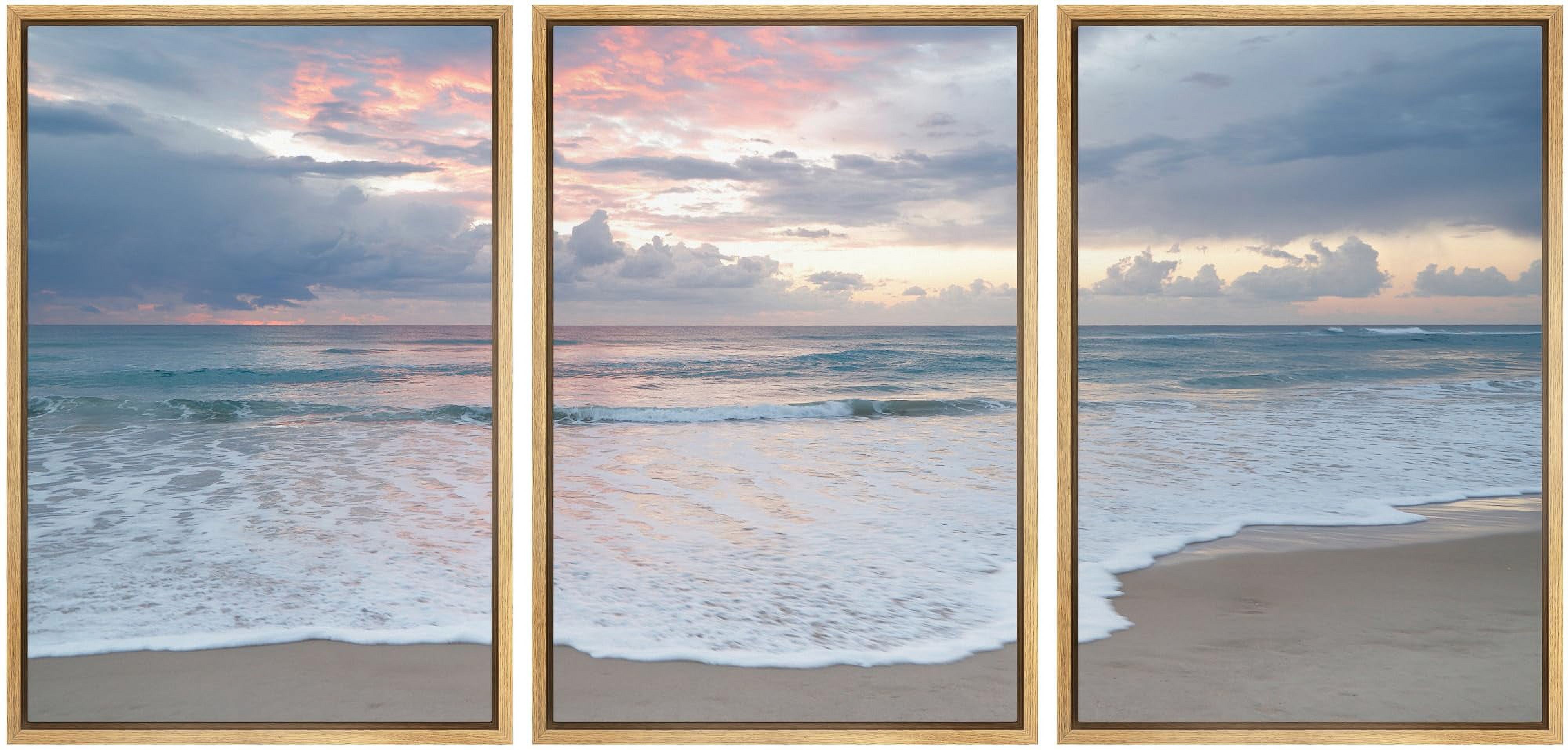 IDEA4WALL Framed Canvas Print Wall Art Set of 3 Serene Beach Sunset Ocean and Sky Landscape Modern Art Wall Decor Nature Scenery Sea Wave Prints Minimal Artwork For Home Decor - Natural 24"x36"x3